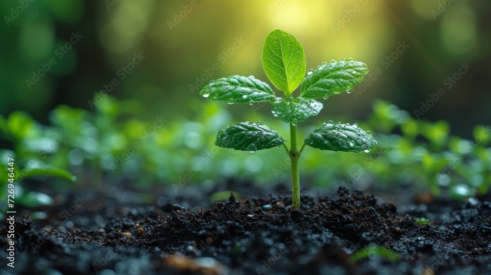 Poster green seedling illustrating concept of new life and environmental conservation with bokeh background