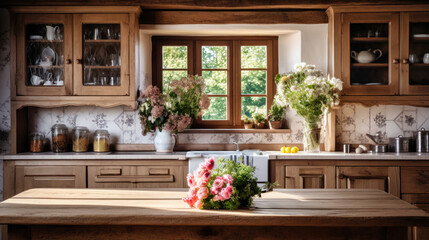 Fototapeta na wymiar Spacious Kitchen With a Rustic Touch of Natural Wood Furniture. Interior of a modern kitchen made of solid wood.