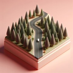 Coniferous forest with a road in the middle miniature isolated on a pastel pink background. Fir trees trendy composition. Beautiful 3D model. Wide screen wallpaper, for design and banners.