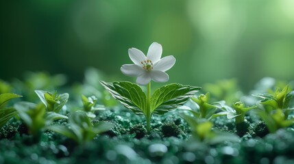 Little white flower on green moss background. 3d render illustration. - Generative AI