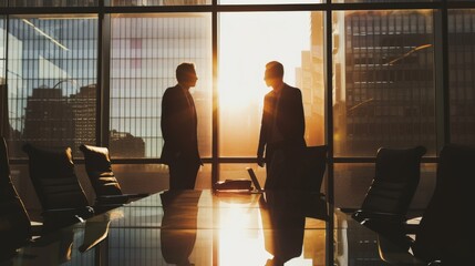 Silhouette of a businessmen in an office against a skyscraper background. Investment business and leadership concept