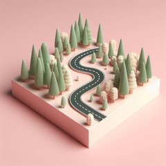 Coniferous forest with a road in the middle miniature isolated on a pastel pink background. Fir trees trendy composition. Beautiful 3D model. Wide screen wallpaper, for design and banners.