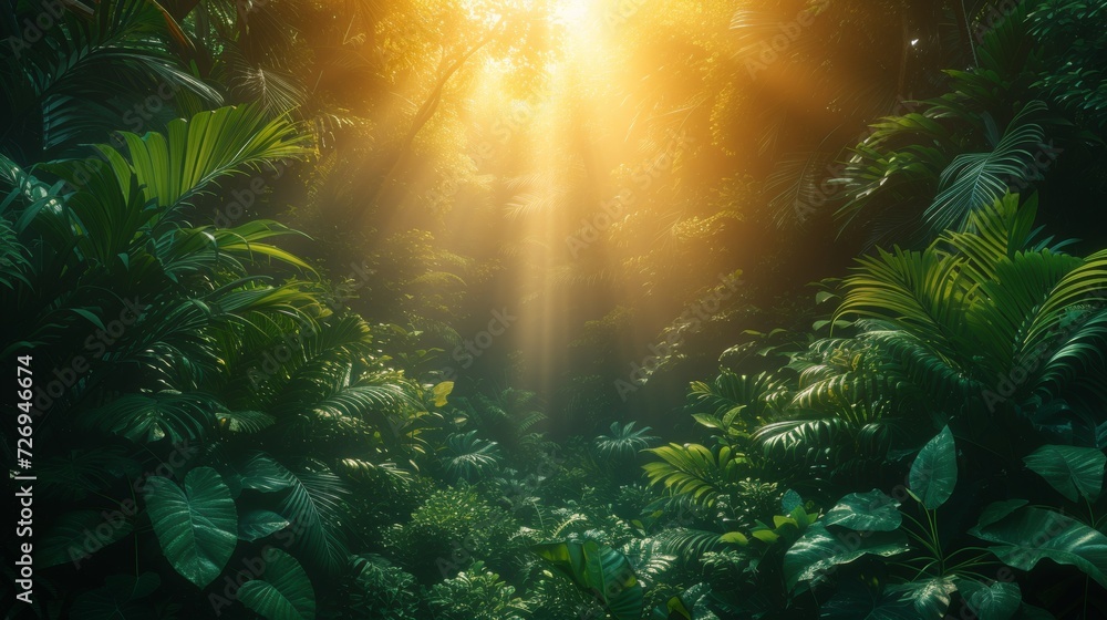 Poster tropical forest with sunbeams and lens flare. 3d rendering - generative ai