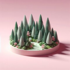 Coniferous forest miniature isolated on a pastel pink background. Fir trees trendy composition. Beautiful  3D model. Wide screen wallpaper, for design and banners.