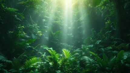 Tropical rainforest with sunbeams and ferns - Generative AI - obrazy, fototapety, plakaty