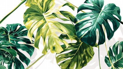 Fresh green palm leaves on white background, summer plants object. Bright lush tropical greenery. Jungle.