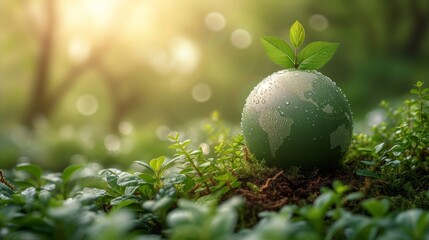 Easter egg with green sprout on nature background. Eco concept - Generative AI