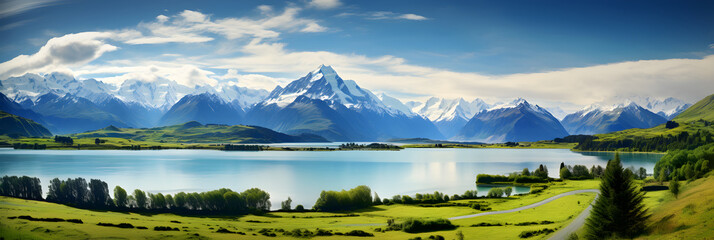 Epic Untouched Beauty: A Panoramic Landscape of a Tranquil Lake in a Mountainous Valley