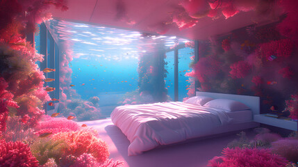 A bedroom with a large bed is underwater, surrounded by pink coral and fish swimming around.