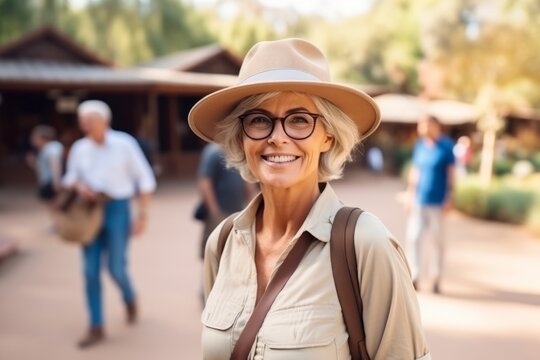 Portrait of happy senior woman in hat and eyeglasses walking in park