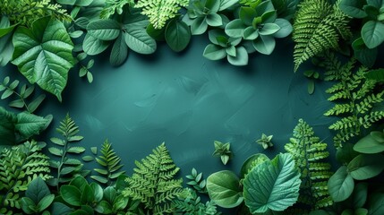 Creative layout made of green leaves on turquoise background. Nature concept. - Generative AI