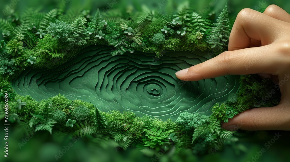 Poster human hand touching a green planet in the forest. 3d rendering - generative ai
