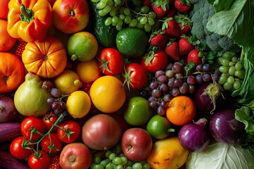 Vibrant assortment of fresh fruits and vegetables in colorful top view natural mosaic of healthy eating ripe apples oranges grapes lemons and tropical produce mixed with green broccoli red tomatoes