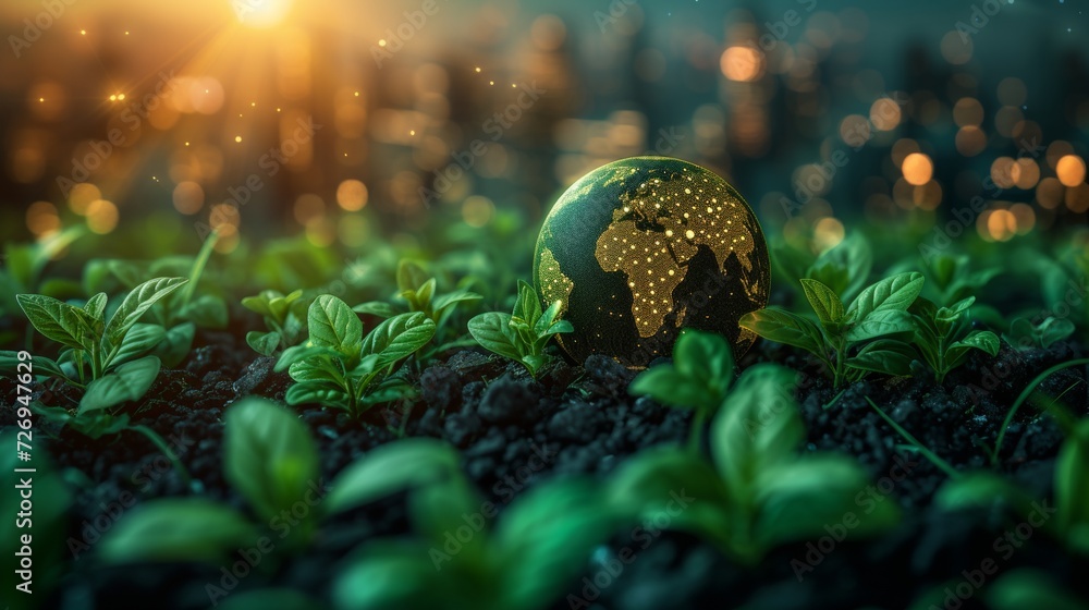 Aufkleber easter egg with green sprouts on soil background. 3d render - generative ai