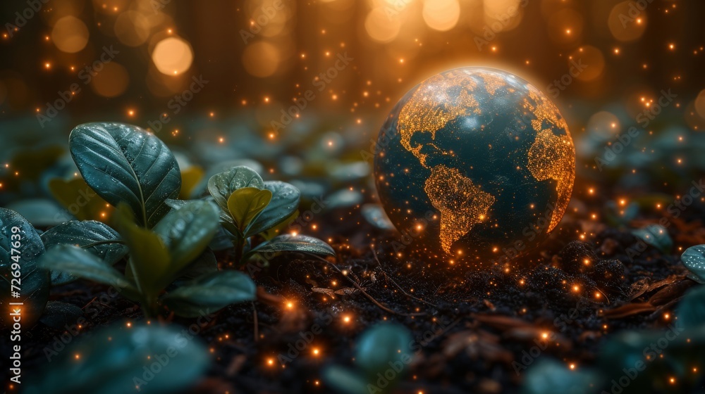 Poster easter egg with planet earth and sprouts. 3d render - generative ai