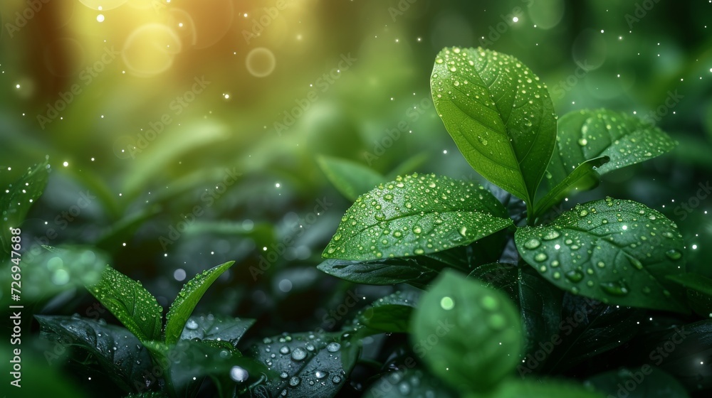 Poster fresh green leaves with dew drops on bokeh light background - generative ai