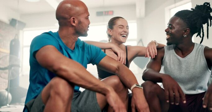 Fitness friends, group of people and gym for workout, training and teamwork with break, talking and laughing together. Coach or sports team in diversity and discussion of exercise, boxing or support