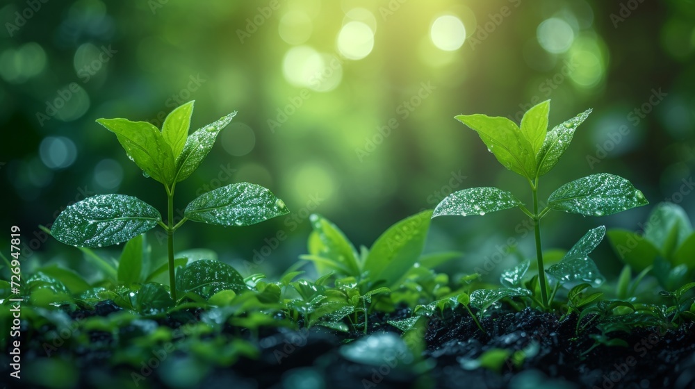 Poster green seedling growing on fertile soil with sunlight bokeh background - generative ai