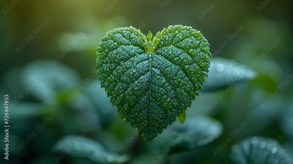Poster green leaf in the shape of a heart with dew drops close up - generative ai