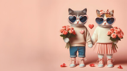 Fototapeta premium Cute couple funny cat holding with bouquet of roses in Valentine’s day concept.