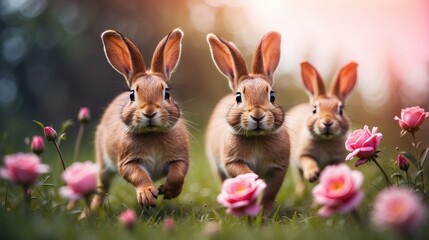 cute bunny family running on flower field