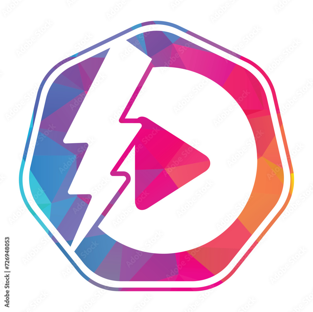 Sticker play button with thunder logo design template.