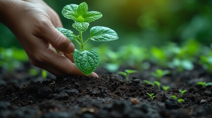 Human hand planting young green plant in soil with blurred nature background, Ecology concept - Generative AI