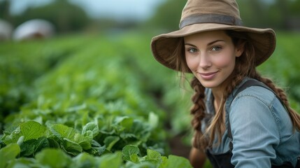 Portrait of a beautiful young woman in a hat standing on a field of green cabbage - Generative AI