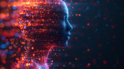 A digital humanoid assistant composed entirely of numbers, standing in a virtual environment