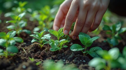 Close-up of a child's hands planting mint seedlings in the ground. - Generative AI