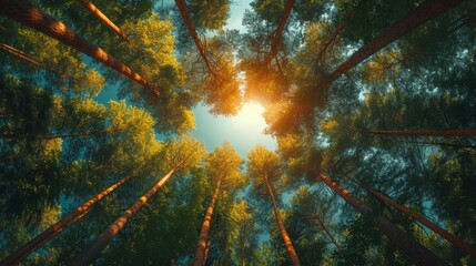 3D illustration of a pine forest in the rays of the sun - Generative AI