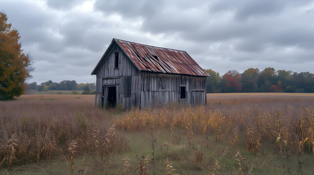 a photo of a abandoned wooden building on the country side