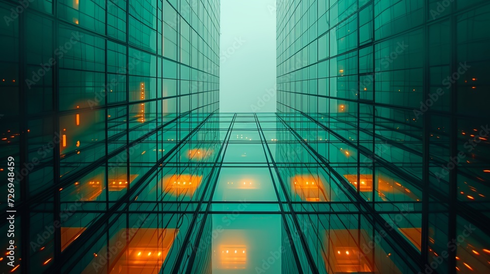 Poster abstract modern architecture background, perspective view of glass high rise building - generative a