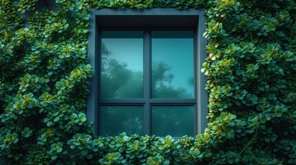 3D render of a dark blue window surrounded by green plants. - Generative AI
