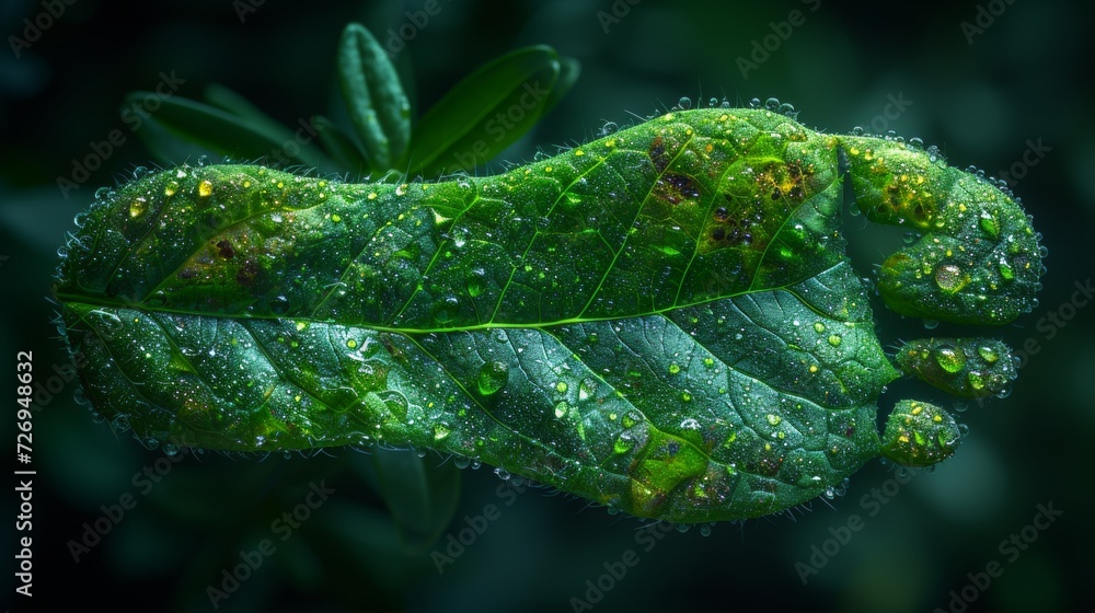 Poster green leaf with dew drops on dark background. abstract nature background - generative ai