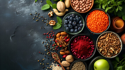 Obraz na płótnie Canvas Health food for fitness concept with fruit vegetables, generative ai