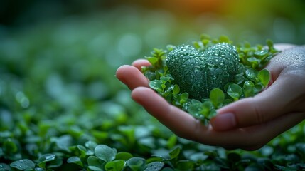 Naklejka na ściany i meble Human hand holding green plant with water drop on it. Ecology concept - Generative AI