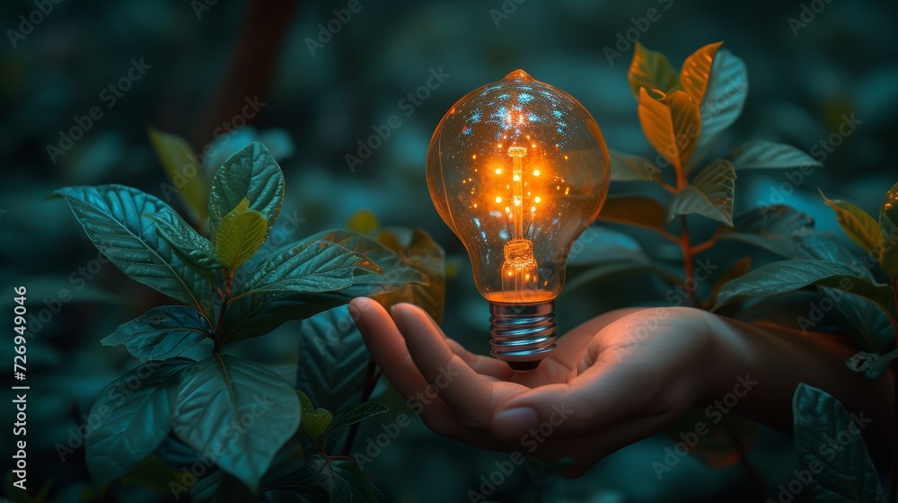 Poster hand holding a glowing light bulb on a background of green plants. 3d rendering - generative ai