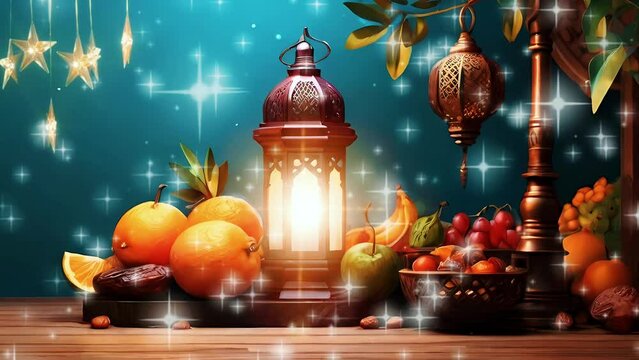 Ramadan background with lantern starlight fresh fruits and dates