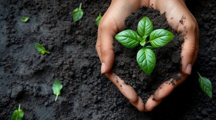Human hands holding green seedling growing in soil on black background, top view - Generative AI