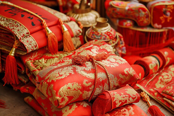 Fototapeta na wymiar Traditional Chinese new year decorations on red background that says good luck and happiness