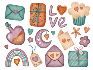 Valentines Day stickers collection. Decor for Valentine cards, letters, and package design