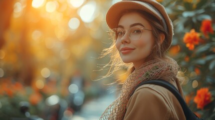 Beautiful young woman in hat and glasses walking in autumn park. - Generative AI