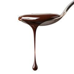 Dripping smooth chocolate in a spoon on a white background.