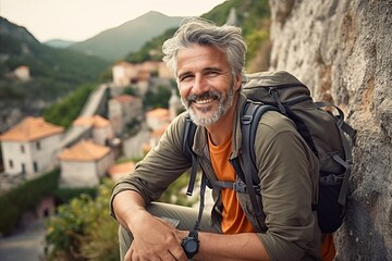 Portrait of a smiling senior man with a backpack sitting on a stone wall and looking at the camera.