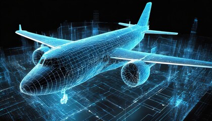 plane wireframe hologram Transportation and logistics Blue futuristic scifi hologram computer.ai generated