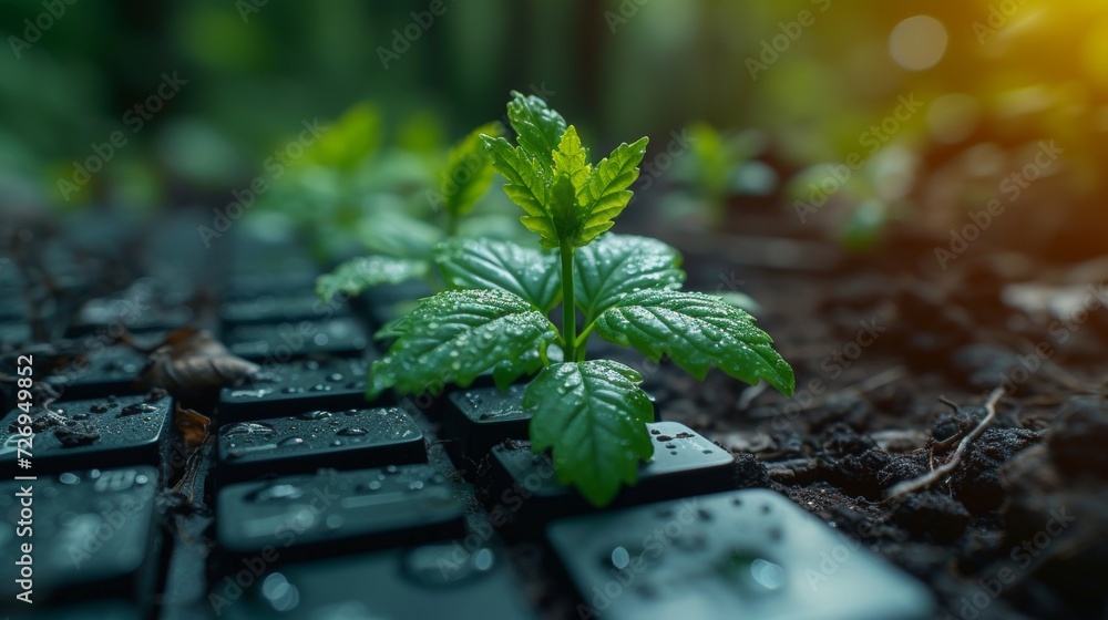 Poster cannabis seedlings growing on a computer keyboard. macro shot. - generative ai
