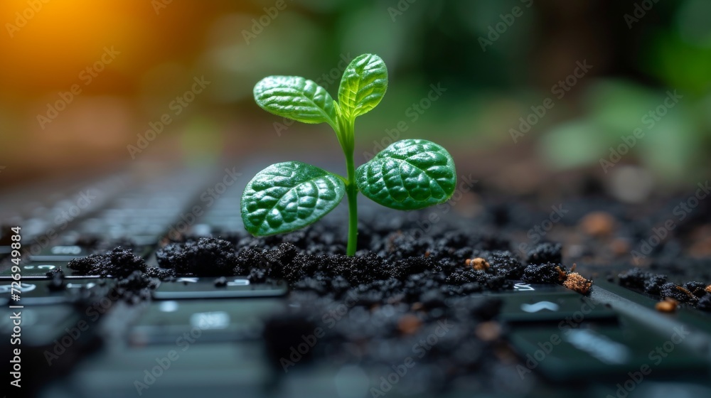 Poster green seedling growing on a computer keyboard. business growth concept. - generative ai