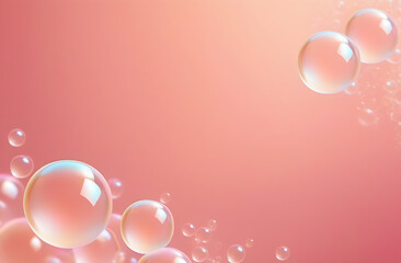 Transparent, shiny soap bubbles in the lower left and upper right corners of the frame on a pink background, with an empty space in the middle.