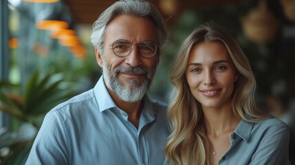 Fototapeta premium Portrait of a smiling senior couple in a cafe. They are looking at camera and smiling. - Generative AI
